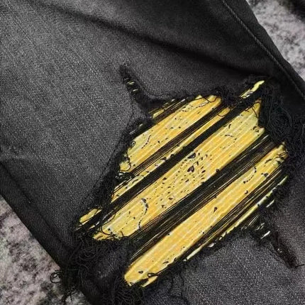 Men Yellow Ribbed Patches Distressed Jeans