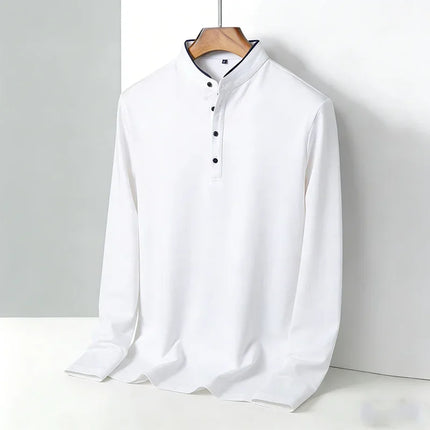 Fashion Men's Contrast Trim Mandarin Collar Polo Shirt Long Sleeve Breathable Casual Daily Wear Top