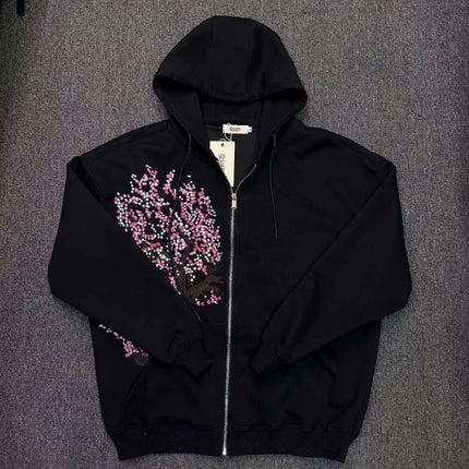 Personality Retro Trend Zipper Casual Hoodies Flower Tree Pattern Street Style Women Harajuku Goth Embroidery Y2k Relaxed Coat
