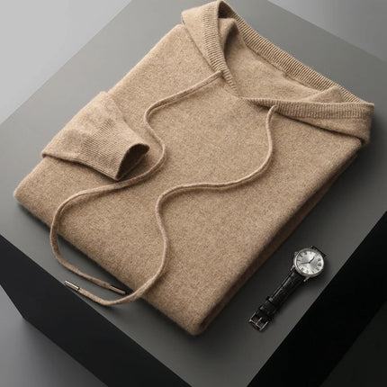MVLYFLRT Men's 100% Merino Wool Sweater Hooded Collar Knitted Pullover Sweatshirt Autumn Winter Casual Large Tops Long Sleeved