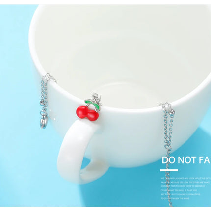 Teamer Enamel Cherry Charm Bracelet For Woman Gold Color Stainless Steel Double Bead Chain Fashion Birthday Friend Jewelry Gift