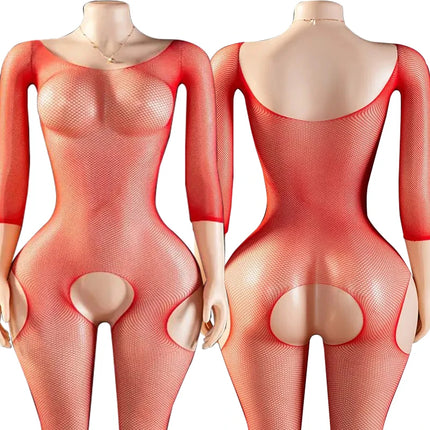 One Piece Crotchless Babydolls For Sexy Lingerie Women Long Sleeve Bodystocking Mesh Hollow Babydoll Dress Rose Erotic Underwear