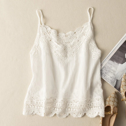 Korean Japanese Brand Lace Hollow out Svel Thin Top Women Summer Loose Linen Csole Vest Inner Wear Tank Top