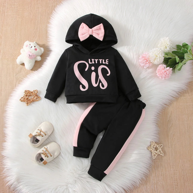 Autumn 2Pcs Baby Girls Long Sleev Printing Letter With Bow Hoodie Set For Casual Sporty Clothes For 1-3Y