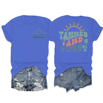 Summer Beach Series T-shirts For Women Men "Tanned And Tipsy" Vacation Trip Tshirt Crewneck Short Sleeve Casual Camisetas Mujer