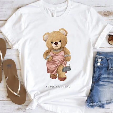 Women's Cute Bear Graphic T-shirt Short-Sleeved Clothes Women's Print T-shirt Summer 90s Fashion Style Women's Fashion T-shirt