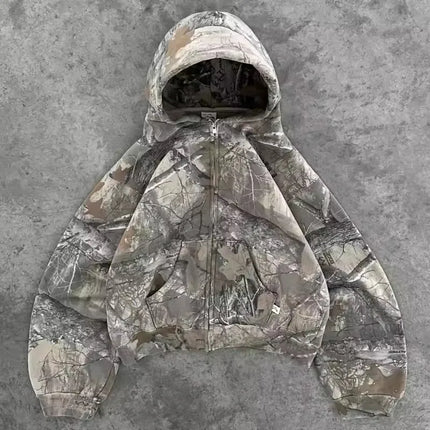 Y2K Street Gothic Slim Fit Zip Up Hooded Jacket Women Blue Frayed Edge Hooded Parka Trendy Retro Fashionable Warm Winter Wear
