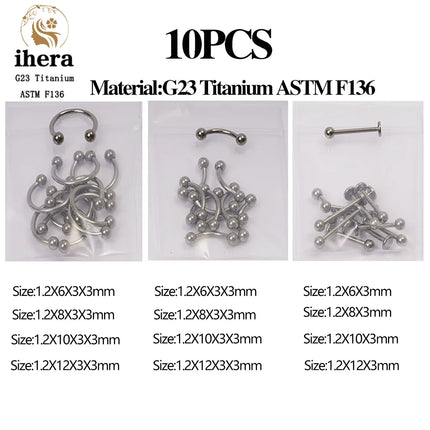 10PCS G23 Titanium Eyebrow Piercing Jewelry Nose Septum Piercing Ring C Rod 16G ASTM F136 Women Labret Lip Stud Wholesale