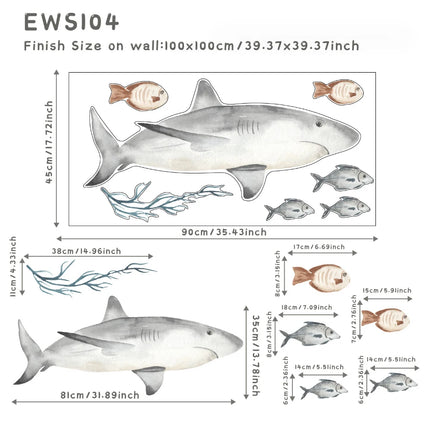 Large Watercolor Sharks Wall Decals Ocean Animal Wall Sticker Under The Sea Marine Life Theme Decals Nursery Kids Room Decor