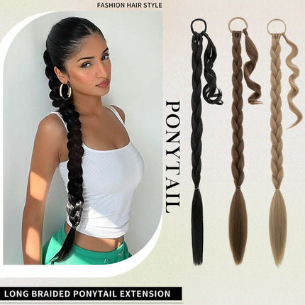 Snoilite Synthetic Long Twist Braid Ponytail Extensions With Rubber Band 34" Boxing Braided Hair Extensions For Women Daily Use