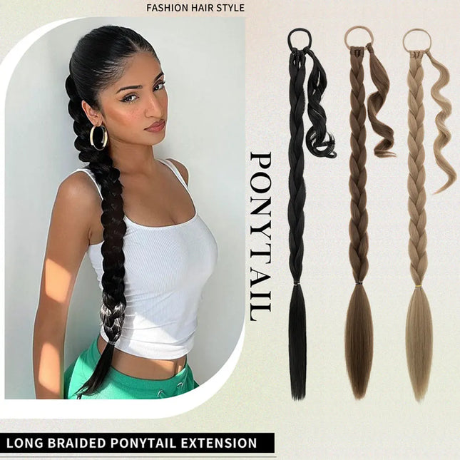 Snoilite Synthetic Long Twist Braid Ponytail Extensions With Rubber Band 34" Boxing Braided Hair Extensions For Women Daily Use