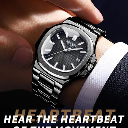BINBOND Luxury Military Man Watch Square Waterproof Luminous Date Week Men Watch Stainless Steel Quartz Men's Watches Reloj
