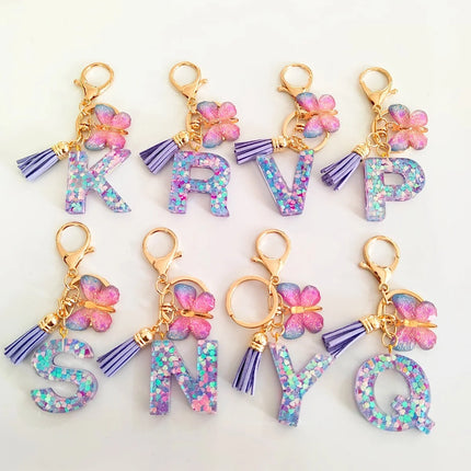 Fashion Butterfly Fringe Initial Keychain Drop Glue Blend Sequin A-Z26 Letter Keychain Cute Ladies Student Bag Accessory Gift