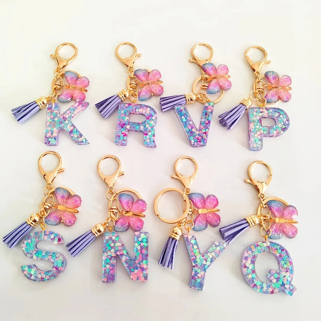 Fashion Butterfly Fringe Initial Keychain Drop Glue Blend Sequin A-Z26 Letter Keychain Cute Ladies Student Bag Accessory Gift