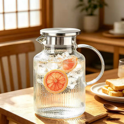 JUSTINLAU 1.8L Cold Water Pitcher High Borosilicate Glass Fruit Tea Kettle Stripe Boiled Water Jug Summer Juice Drink Tea Kettle