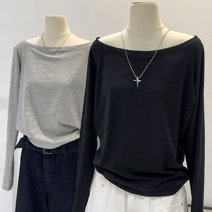 Oversize Off shoulder Long sleeve T shirt Women Solid color Casual Tops Lady Spring Autumn Basic Tees Korean style Youth Blouses