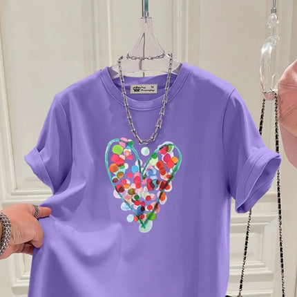 Summer Fashion Hand-Painted Polka Dot Printing T-shirts Women Pure Cotton O-neck Short Sleeve Top Tees Casual Loose Pullover