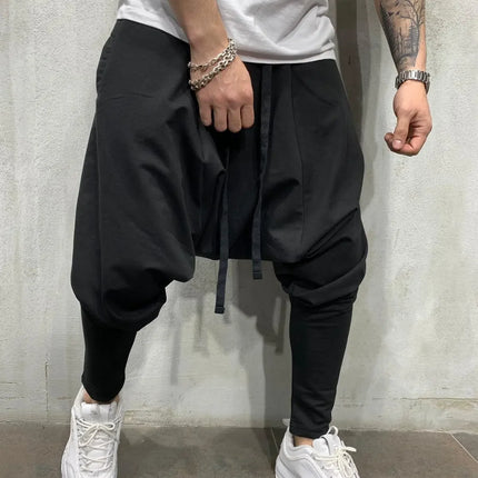 Men's Black Dropped Crotch Harem Pants Streetwear Hip Hop Drawstring Casual Trousers Slim Fit Elastic Ankle Joggers Black