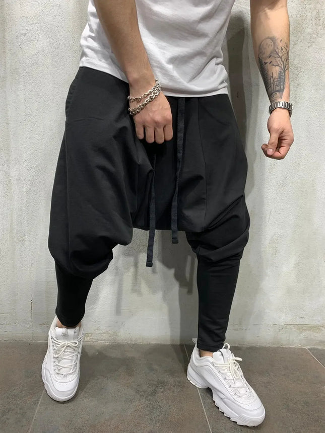 Men's Black Dropped Crotch Harem Pants Streetwear Hip Hop Drawstring Casual Trousers Slim Fit Elastic Ankle Joggers Black