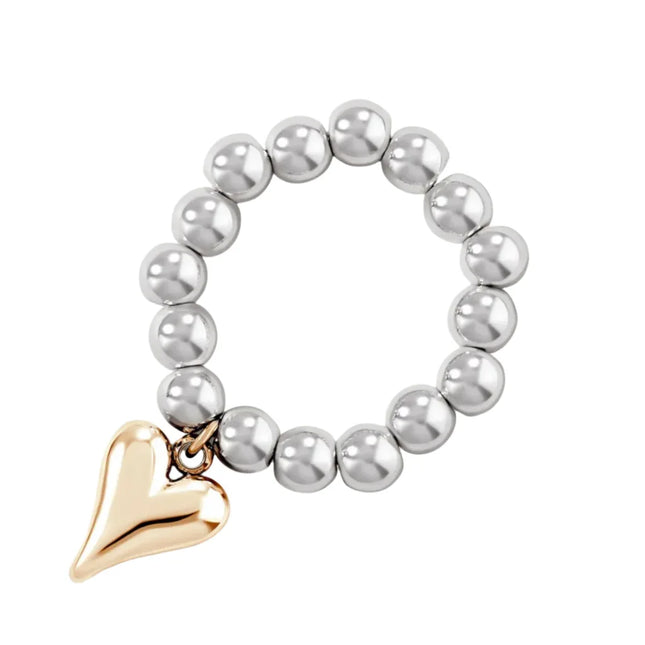 LATS Creative Handmade Beaded Bungee Cord Love Heart Pendant Rings for Women Girl Silver Color CCB Bead Adjustable Ring Jewelry