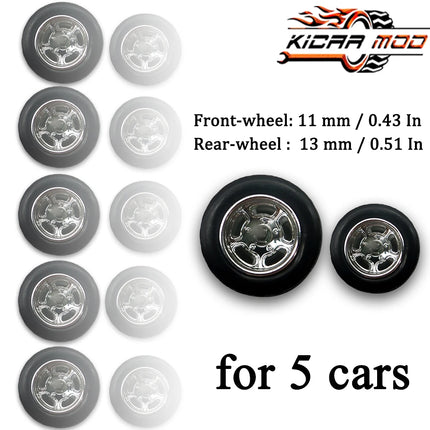 1/64 Front Small and Rear Big Wheels with Detachable Rubber Tires Circular Spoke Refitting Parts for Hotwheels Model Cars 5 Cars