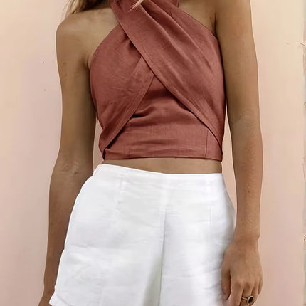 cropped top ，Women's solid-colored cropped cross-back top