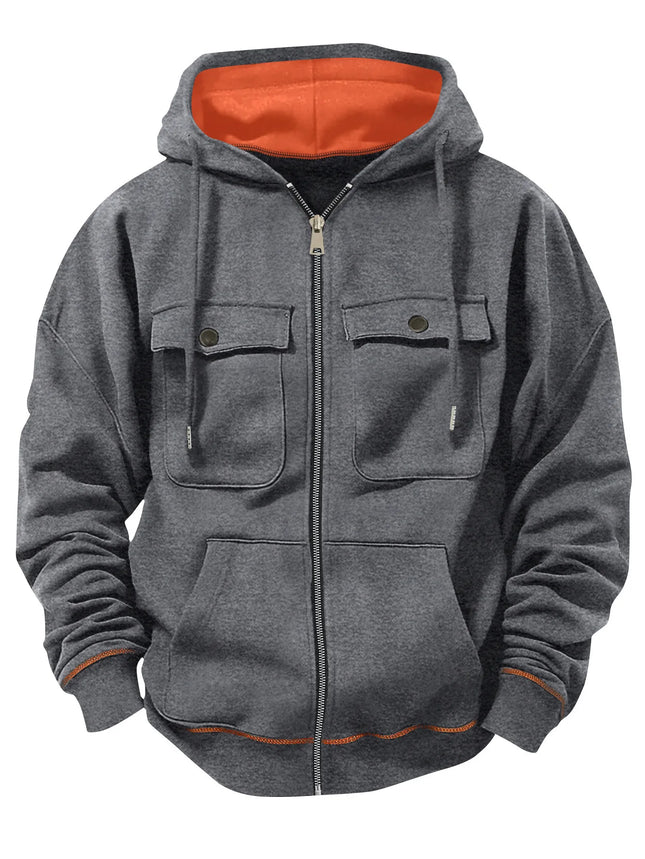 2026 New model retro workwear hooded sweatshirt, men's zipper solid-color warm sports shirt with multiple pockets hooded jacket