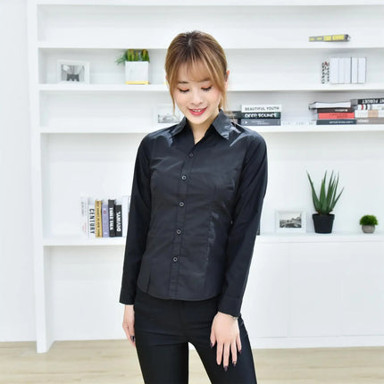 Black Long Sleeve Women's Shirt Professional Formal V-neck Workwear Slim Fit Cotton Work Uniform Button-up Casual Shirt