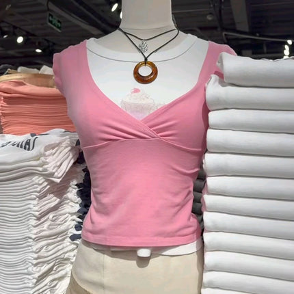 New Rose Red Slim Crop Top Woman Sexy V-neck Short Sleeve Cotton Cropped T-shirt Solid Casual Simple Sweet All-match Tee Tops