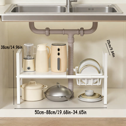 Under-Sink Kitchen Storage Rack/Shelf, Extendable, Single/Double Layer Storage Solution, Made of Steel, Perfect for Kitchen Use, Ideal for Laundry Rooms, under the Sink, Maximizes Space, Easily Stores Various Bottles and Spic