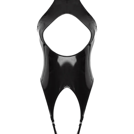 #S-4XL Womens Wetlook Patent Leather Bodysuit Mock Neck Sleeveless Sexy Cutout Crotchless Catsuit Rave Party Jumpsuit Nightwear