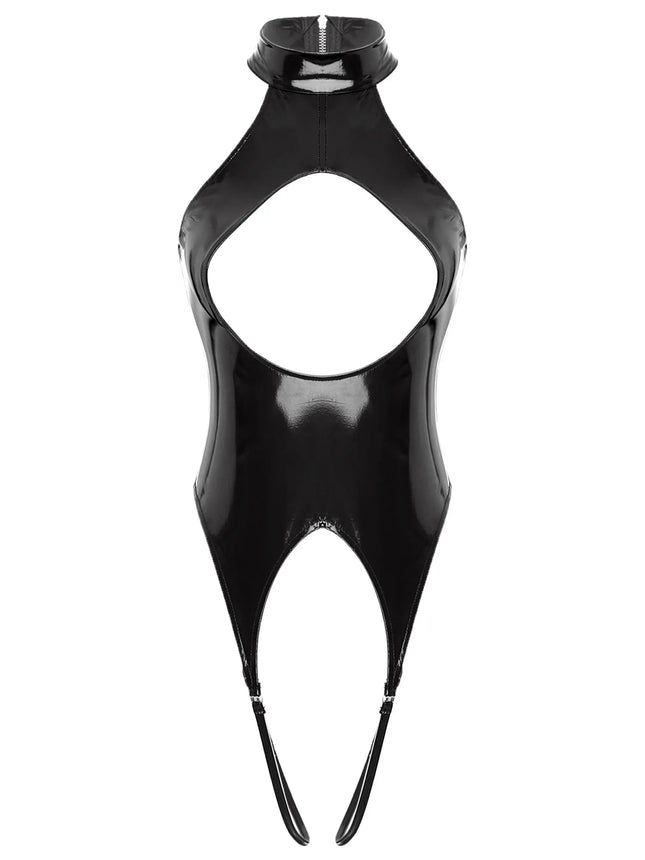 #S-4XL Womens Wetlook Patent Leather Bodysuit Mock Neck Sleeveless Sexy Cutout Crotchless Catsuit Rave Party Jumpsuit Nightwear