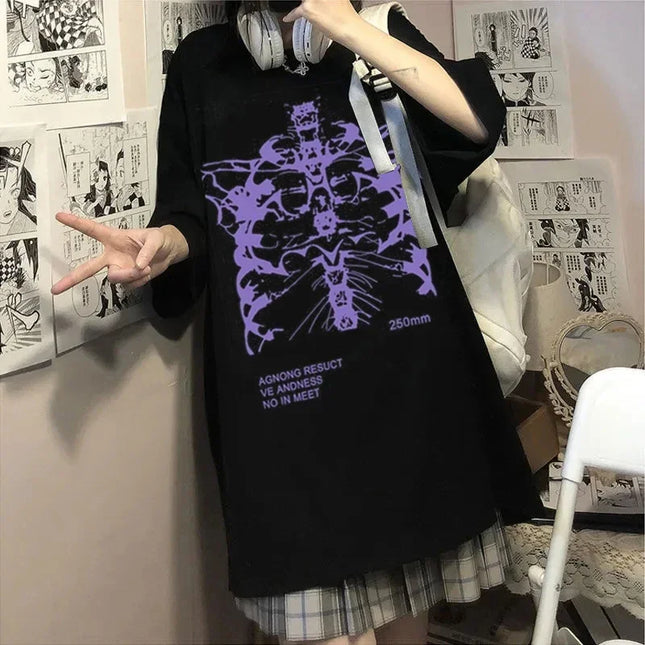 Geometric pattern Print Harajuku Skeleton Women T-shirts Men Gothic Hip Hop Streetwear Black Goth Clothes Short Sleeve Top Y2k