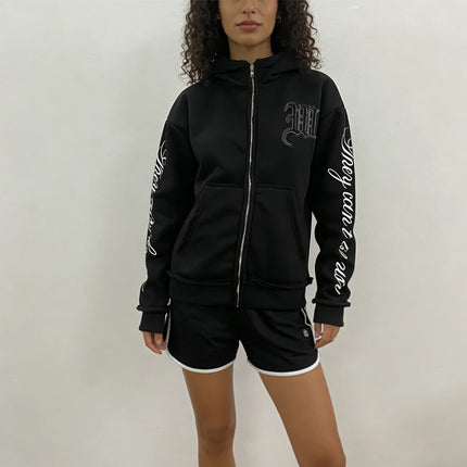 Trendy Creative Applique Letter Print Double Hat Design Women's Clothing Zippered Hoodie Loose Casual y2k hoodie girlfriend