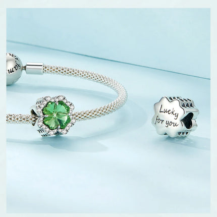 Bamoer 925 Sterling Silver Green Transparent Clover Beads The Tree of Life Family Pendant Plant Charms for Women Necklace DIY