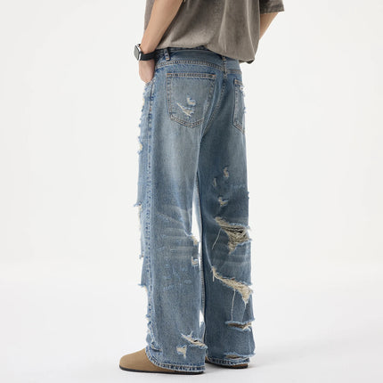 Spring Summer Broken Hole Denim Beggar Jeans Men Streetwear Fashion Hip Hop Loose Casual Baggy Ripped Jeans Pants Trousers