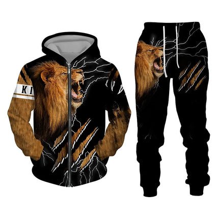 Men's Zip Hoodie Tracksuit Full Hoodies Set Lion Graphic Zipper 2 Piece Hooded Sports Outdoor Casual Sports 3D Print Streetwear