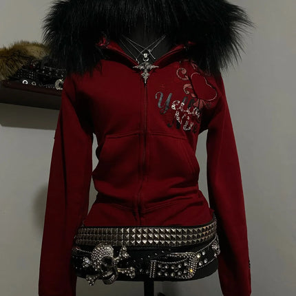 Y2K Gothic Style Fur Collar Hoodie, Retro Fashion Embroidered Letter Slim Fit Hoodie, Street Casual Sports Hoodie