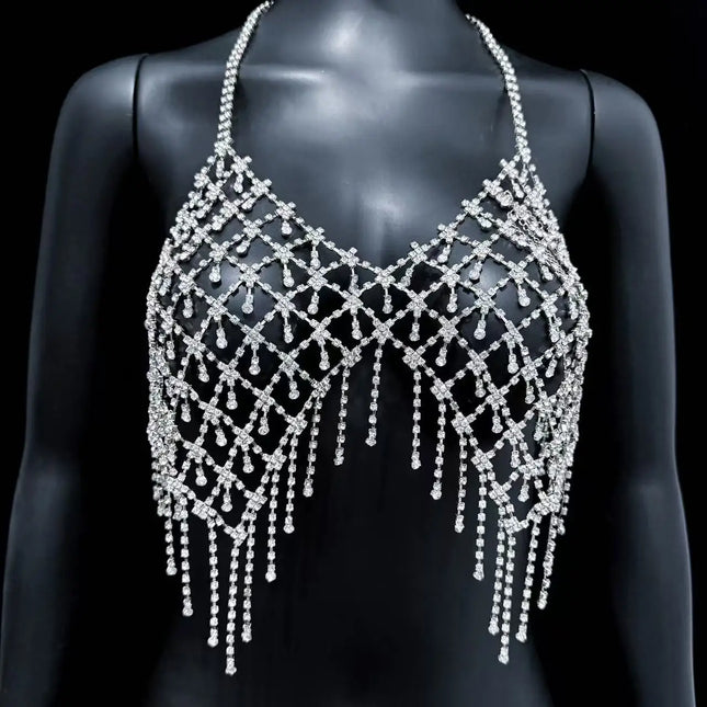 Beach bikini fringe rhinestone chest chain, women's luxurious sparkling crystal body chain, erotic lingerie accessories