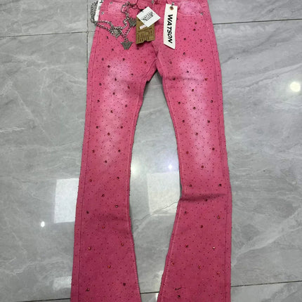 2026 Rhinestone Men's High Street Quality Slim Fit Skinny Long Denim Flared Jeans Pants