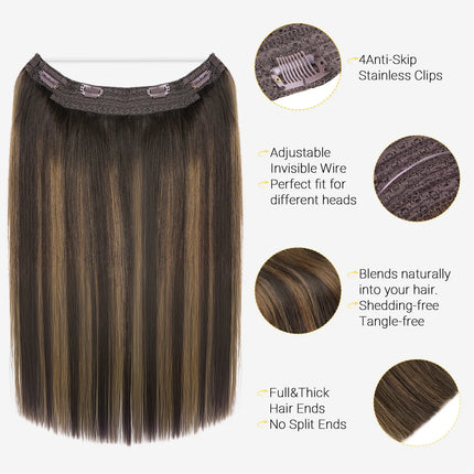 Wire Hair Extensions Real Human Hair Balayage Dark Brown to Chestnut Brown Invisible Transparent Remy Fish Line Hair Extensions