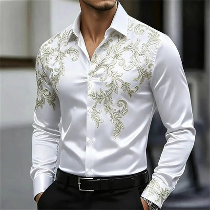 Men's Satin Paisley Printed Shirt Luxury Glossy Long Sleeve Casual Button Down Dress Shirts Nightclub Party Wear