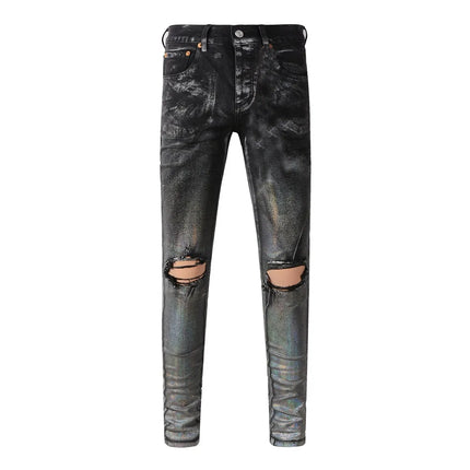 High Street Men's Jeans American Distressed Dark Black Coated Blank Stretch Skinny Button Fly Ripped Pants Trousers
