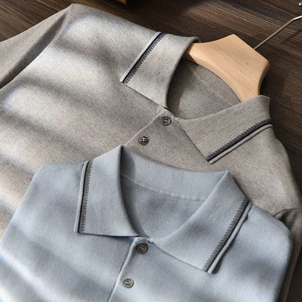 85% Silk + 15% Cashmere Men's T-shirt Casual Solid Color Knitted Pullover Short Sleeved Polo Neck Tees Basic Tops