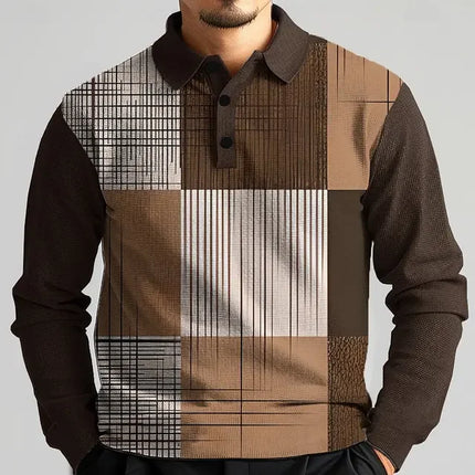 Men's 3D Printed Retro Plaid Pattern Golf Shirt Long Sleeve Polo Shirt Business Casual Formal Button Collar Autumn and Winter