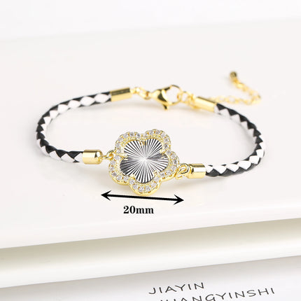 Classic Genuine Leather Woven Natural Stone Five Leaf Flower Charm Bracelet Fashion for Women Girls Party Wedding Jewelry Gift