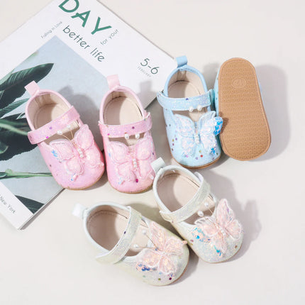 Shiny 3D Butterfly Princess Dress Shoes for Baby Girl Glitters Flats Non-Slip Crib Shoes Walking Shoes for Toddlers Infants