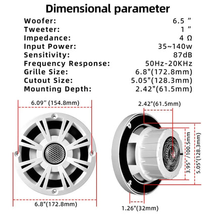 1pcs 6.5 Inch Boat Speaker 800W With LED Lights Coaxial Speakers Waterproof IP66 Audio Speaker For Yachts Motorboat Golf Cart RV