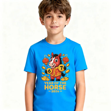 Year of The Horse 2026 Cute Kids Tshirt Zodiac Horse Shirt Lunar New Year Boy Girl T-Shirt Lucky Coins and Lanterns Printed Tee