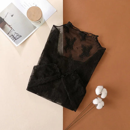 Trendy Sexy Women Mesh T-Shirts Transparent Lace Blouse Long Sleeve See Through Tops for Women O Neck Sheer Tees Body Crop Top